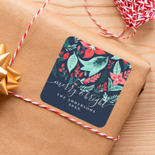 Christmas Red Floral Botanical Blue Holiday Square Sticker