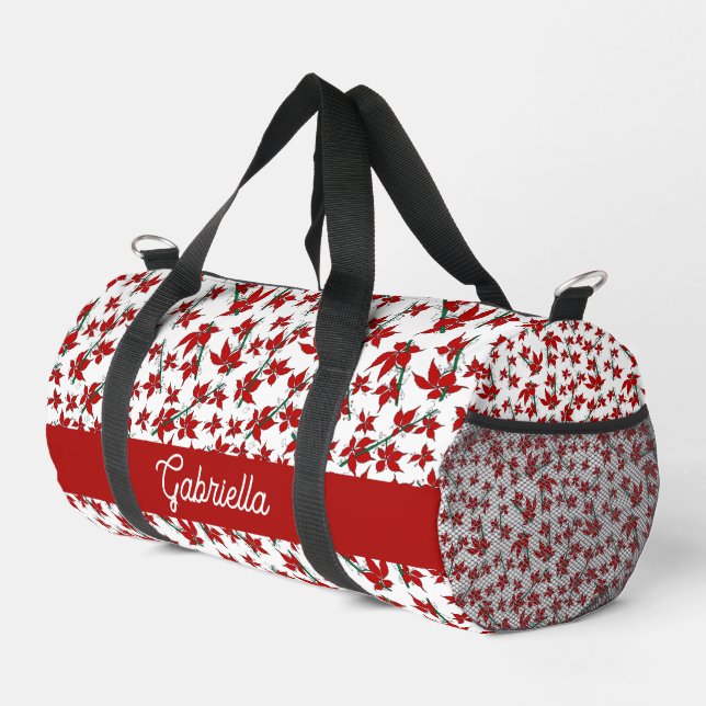 Christmas red floral botanical duffle bag (Right Corner)