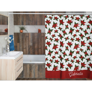 Christmas red floral botanical shower curtain
