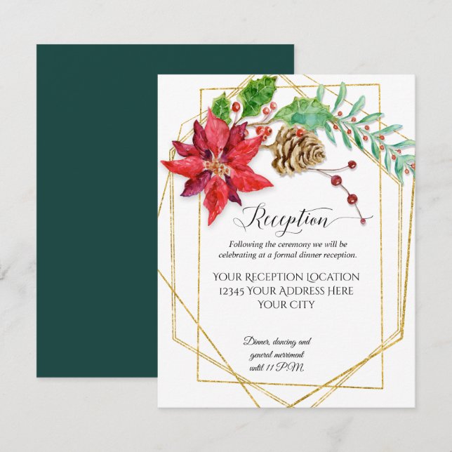 Christmas Red Floral Gold Green Geometric Wedding Invitation (Front/Back)