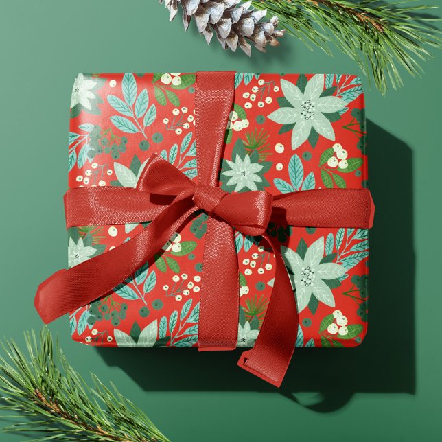 Christmas Red Floral Holiday Wrapping Paper (Modern Bold Red Floral Merry Christmas Wrapping Paper)