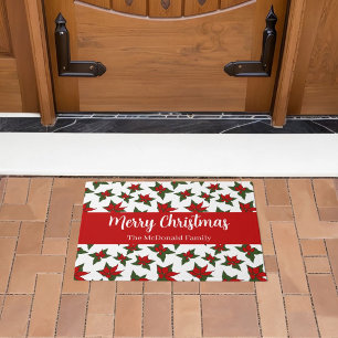 Christmas red floral pattern family name doormat