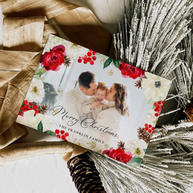 Christmas Red Floral Photo Greeting Card (Creator Uploaded)