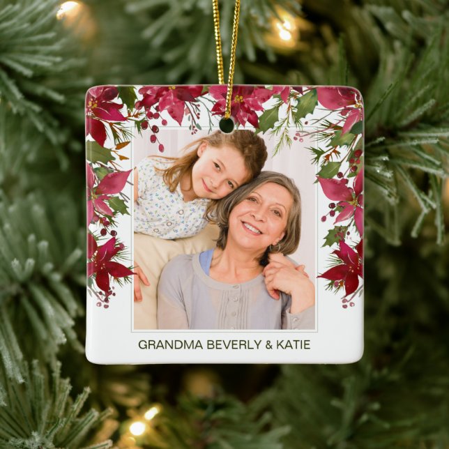 Christmas Red Floral Poinsettia Photo Monogram Ceramic Ornament (Tree)