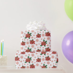 Christmas Red Floral Snowflakes Pattern  Wrapping Paper
