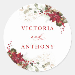 Christmas Red Floral Wedding Classic Round Sticker