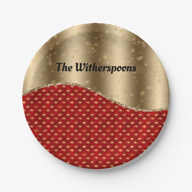 Christmas Red Floral with Gold Ribbon and Name Paper Plate (Front)
