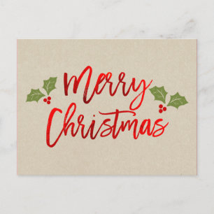 Christmas Red Foil Modern Script Holiday Kraft Postcard