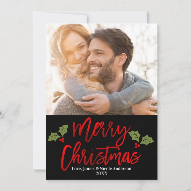 Christmas Red Foil Modern Script Holiday Photo (Front)