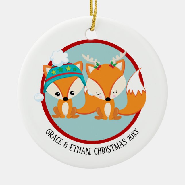 Christmas Red Foxes Personalised Ceramic Tree Decoration (Front)