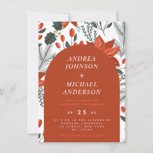 Christmas Red Fruit Berry & Flower Arched Festive  Invitation