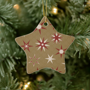 Christmas Red Geo Stars - on gold pattern. Ceramic Tree Decoration
