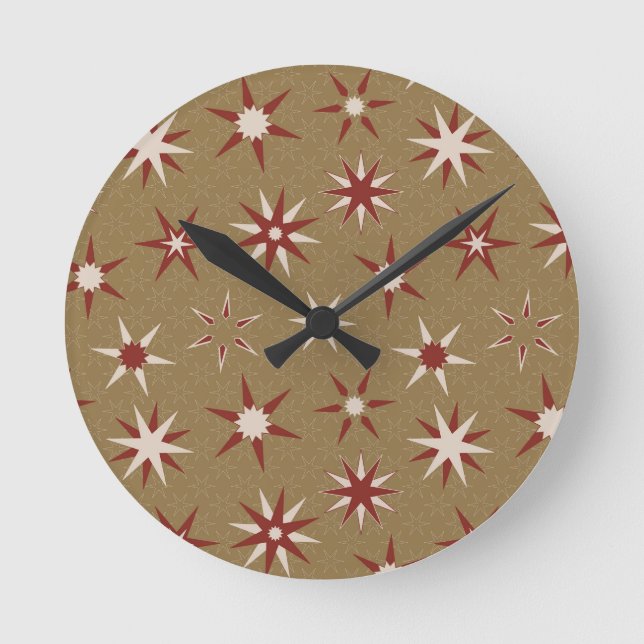  Christmas Red Geo Stars - on gold pattern. Round Clock (Front)