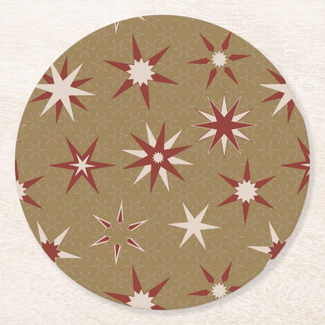  Christmas Red Geo Stars - on gold pattern. Round Paper Coaster (Front)