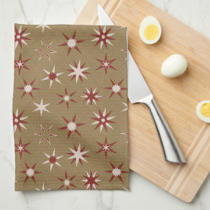 Christmas Red Geo Stars - on gold pattern. Tea Towel