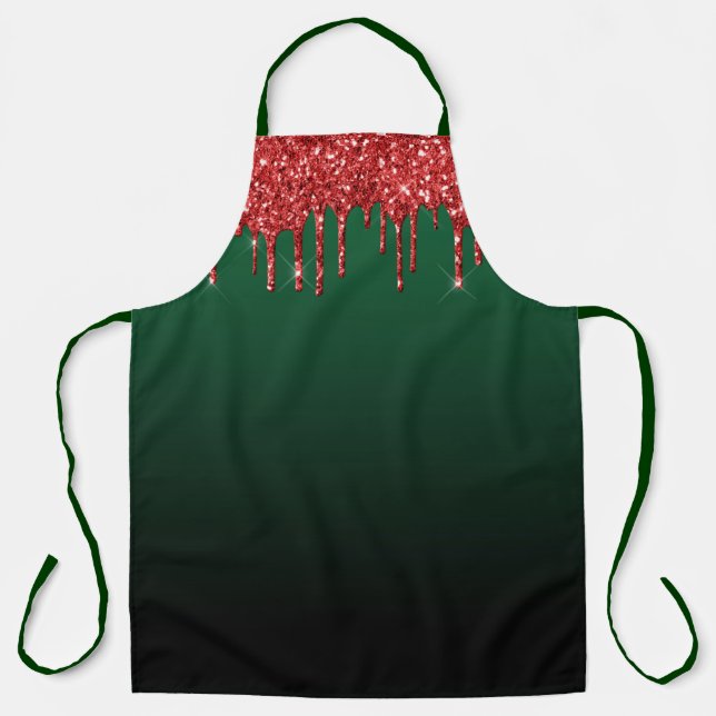 Christmas Red Glam Glitter Dripping on Green Apron (Front)