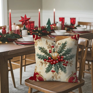 Christmas Red Gold and Green Watercolor Floral Cushion
