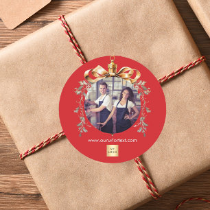 Christmas red gold bauble team photo logo classic round sticker