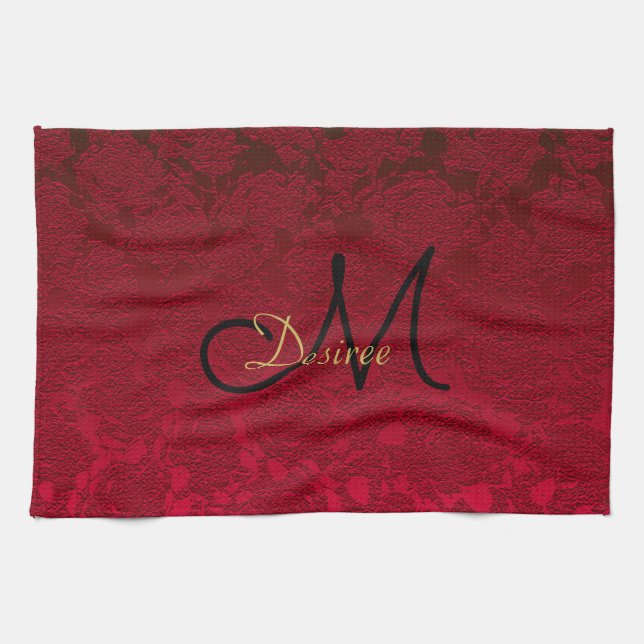 Christmas Red Gold Black Winter Monogram Tea Towel (Horizontal)