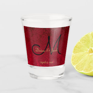 Christmas Red Gold Black Winter Wedding Monogram Shot Glass