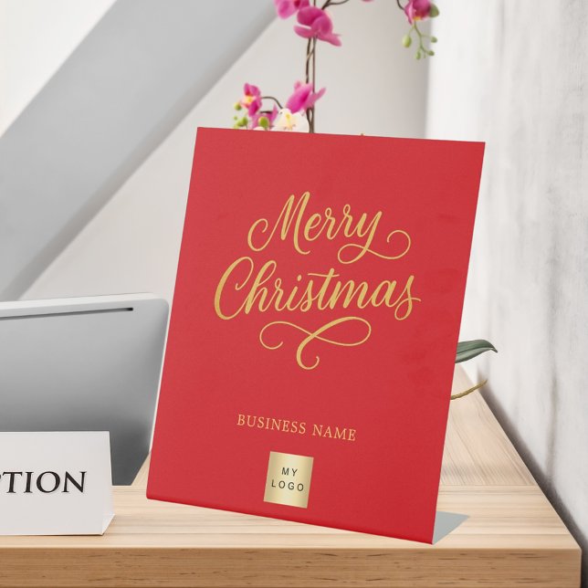 Christmas red gold business logo pedestal sign (Creator Uploaded)