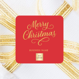 Christmas red gold business logo square sticker