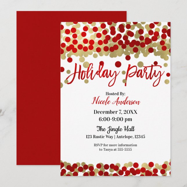 Christmas Red & Gold Dots Modern Holiday Party Invitation (Front/Back)