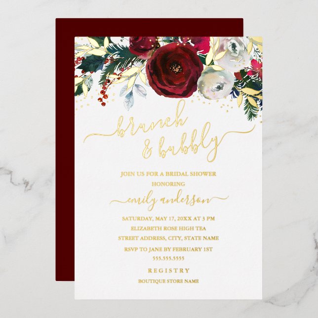 Christmas Red Gold Floral Brunch And Bubbly  (Front/Back)