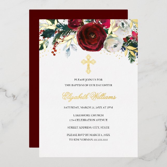Christmas Red Gold Floral Girl Baptism (Front/Back)