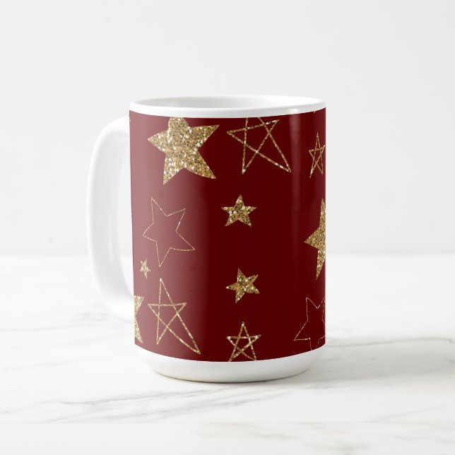 Christmas Red Gold Glitter Stars Coffee Mug (Front Left)