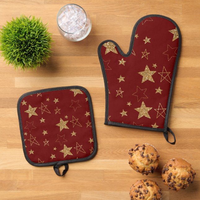 Christmas Red Gold Glitter Stars Oven Mitt & Pot Holder Set (Top Down)