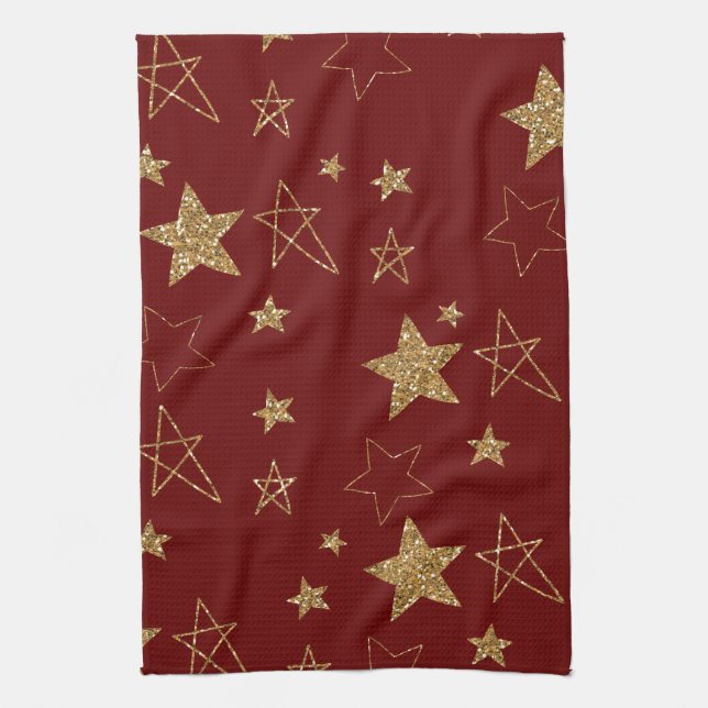 Christmas Red Gold Glitter Stars Tea Towel (Vertical)