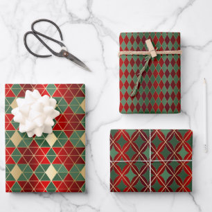 Christmas Red Gold Green Geometric Harlequin Wrapping Paper Sheet