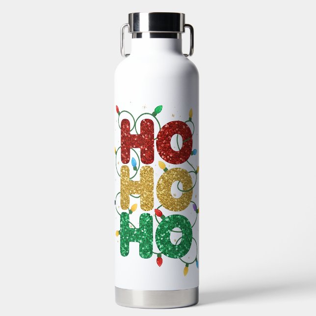 CHRISTMAS RED GOLD GREEN GLITTER LOOK HO HO HO  WATER BOTTLE (Front)