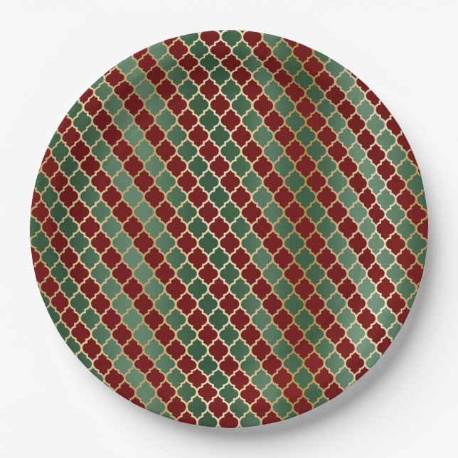 Christmas Red Gold Green Quatrefoil Paper Plate (Front)