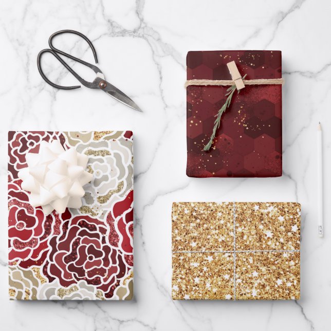 Christmas red gold luxury Glitter Pattern Wrapping Paper Sheet (Front)