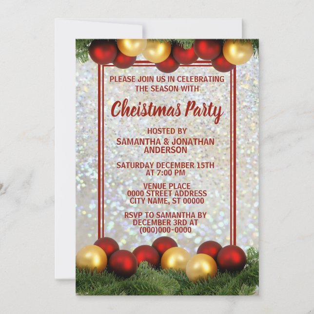 Christmas Red Gold Ornaments  Silver Glitter Party Invitation (Front)