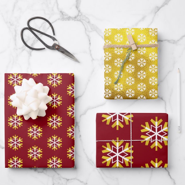 Christmas Red Gold Snowflake Pattern Bold Modern  Wrapping Paper Sheet (Front)