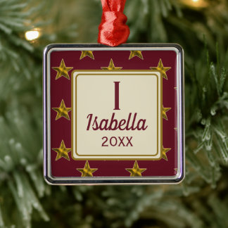 Christmas Red Gold Star Monogram Initial Holiday Metal Tree Decoration