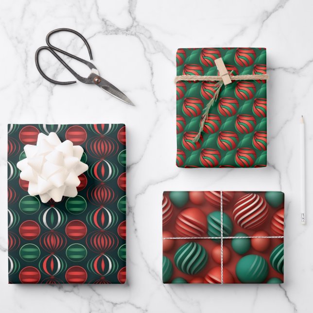 Christmas Red & Green 3D Ornament Design Wrapping Paper Sheet (Front)