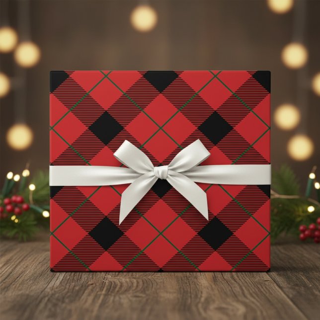 Christmas Red, Green And Black Diagonal Plaid Wrapping Paper (Christmas Red, Green And Black Diagonal Plaid Wrapping Paper)