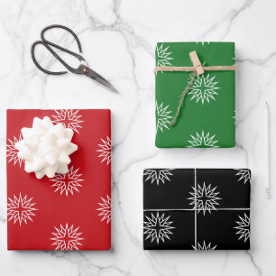 Christmas red green black white stars pattern wrapping paper sheet