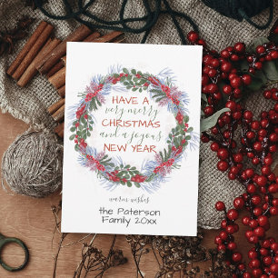 Christmas Red & Green Botanical Wreath Holiday Card