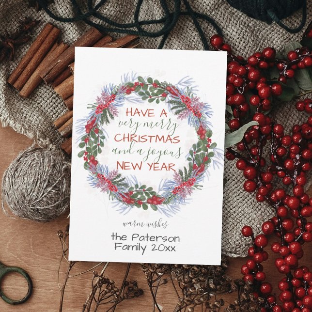 Christmas Red & Green Botanical Wreath Holiday Card (Creator Uploaded)