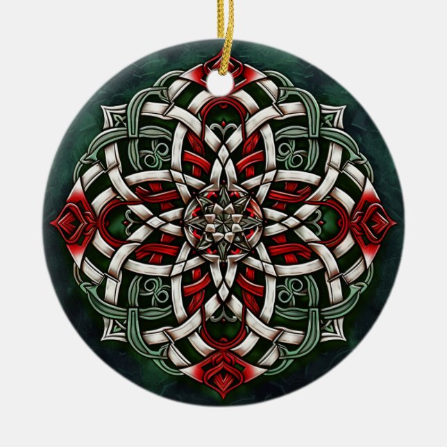 Christmas Red Green Celtic Knot Ceramic Tree Decoration (Front)