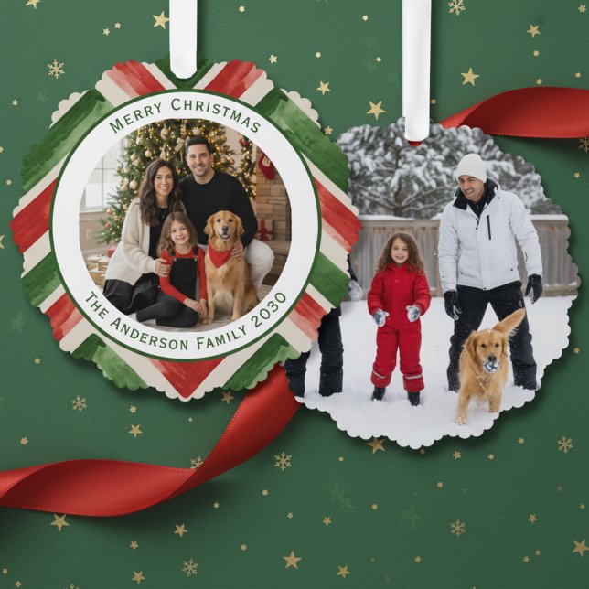Christmas Red Green Chevron Easy 2 Photos Tree Decoration Card (Creator Uploaded)