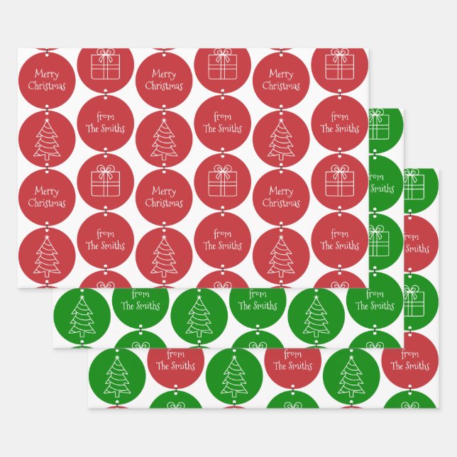 Christmas Red Green Circles Custom Family Name Wrapping Paper Sheet (Set)