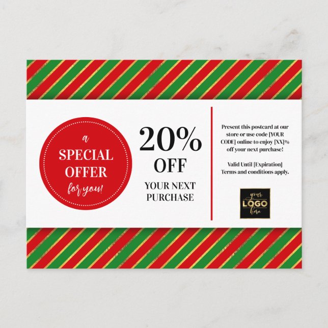 Christmas Red Green Custom Coupon Discount Postcard (Front)