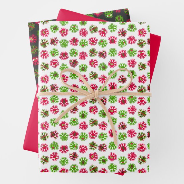 Christmas Red Green Dog Paw & Holiday Icons  Wrapping Paper Sheet (In situ)