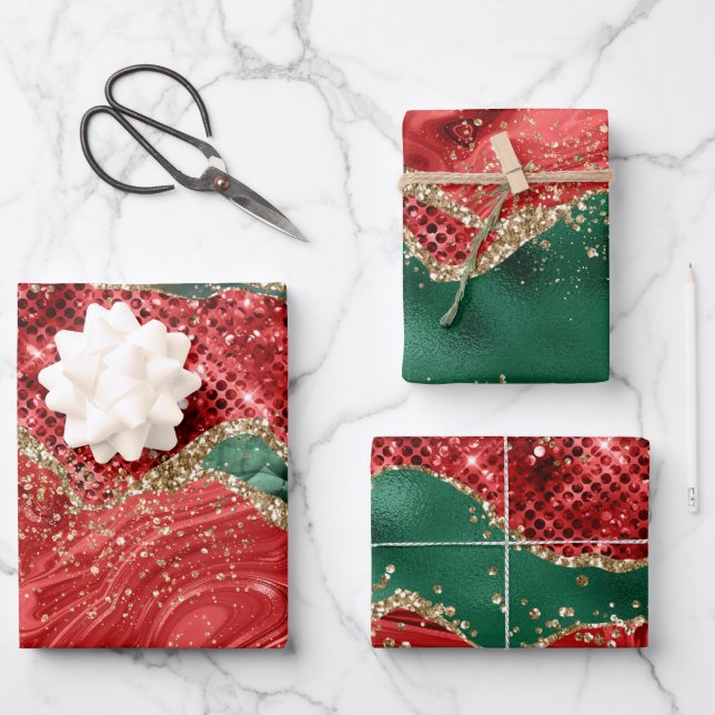 Christmas Red Green Glitter Agate Wrapping Paper Sheet (Front)